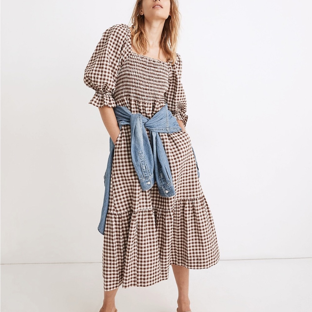 Madewell Lucie Elbow Sleeve Smocked Midi Dress in Gingham